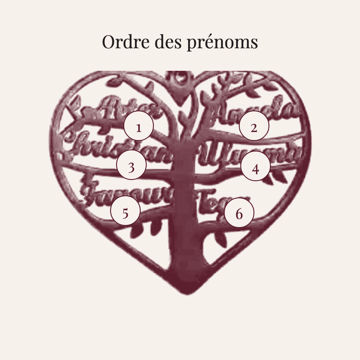 Ordre des prénoms sur la boucle d'oreille arbre cœur : six emplacements numérotés