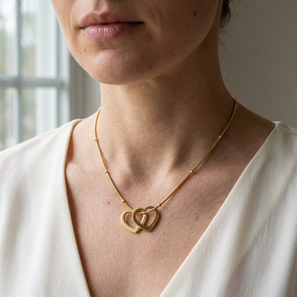 Collier cœur entrelacé doré porté au cou, deux cœurs entrelacés gravés de prénoms