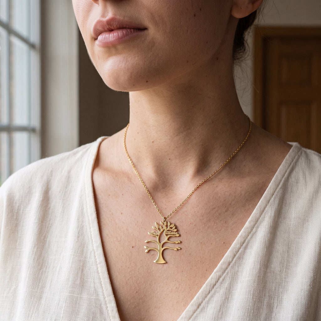 Collier arbre de vie doré porté au cou