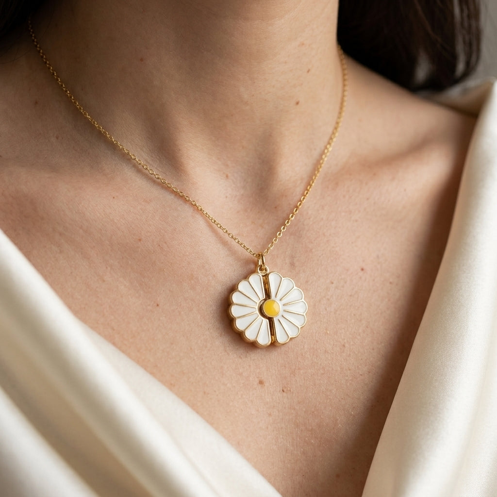 Collier marguerite doré porté au cou, pétales blancs et cœur jaune