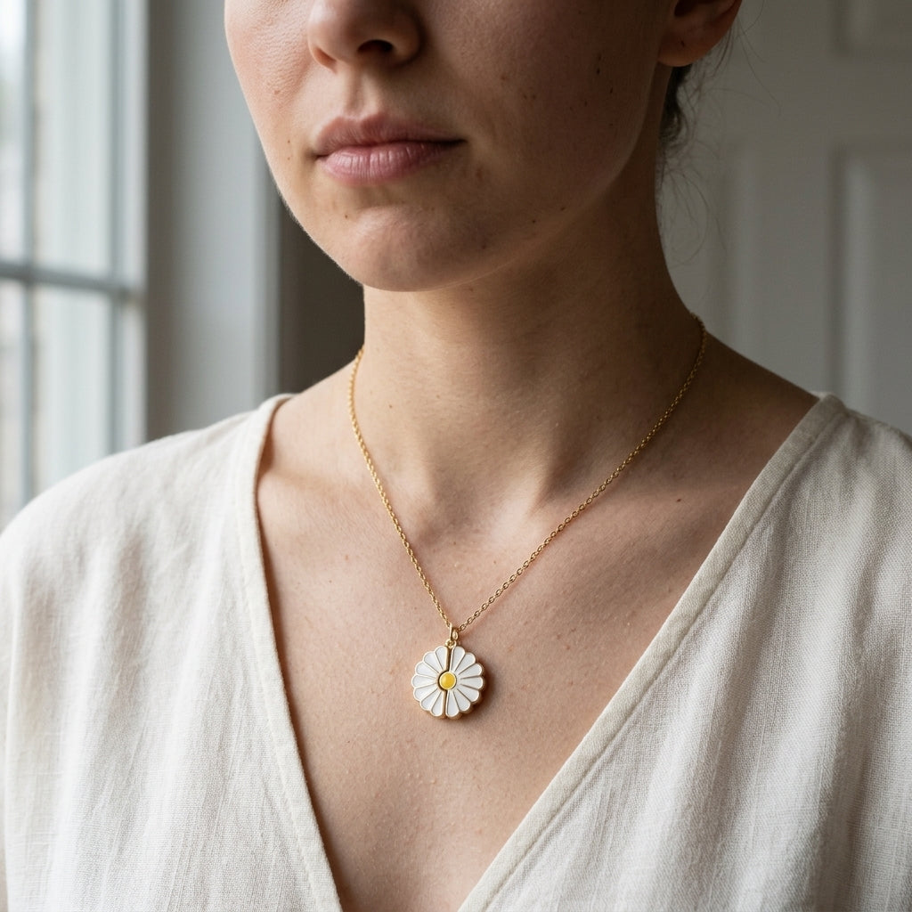 Collier marguerite doré porté au cou, pendentif fermé