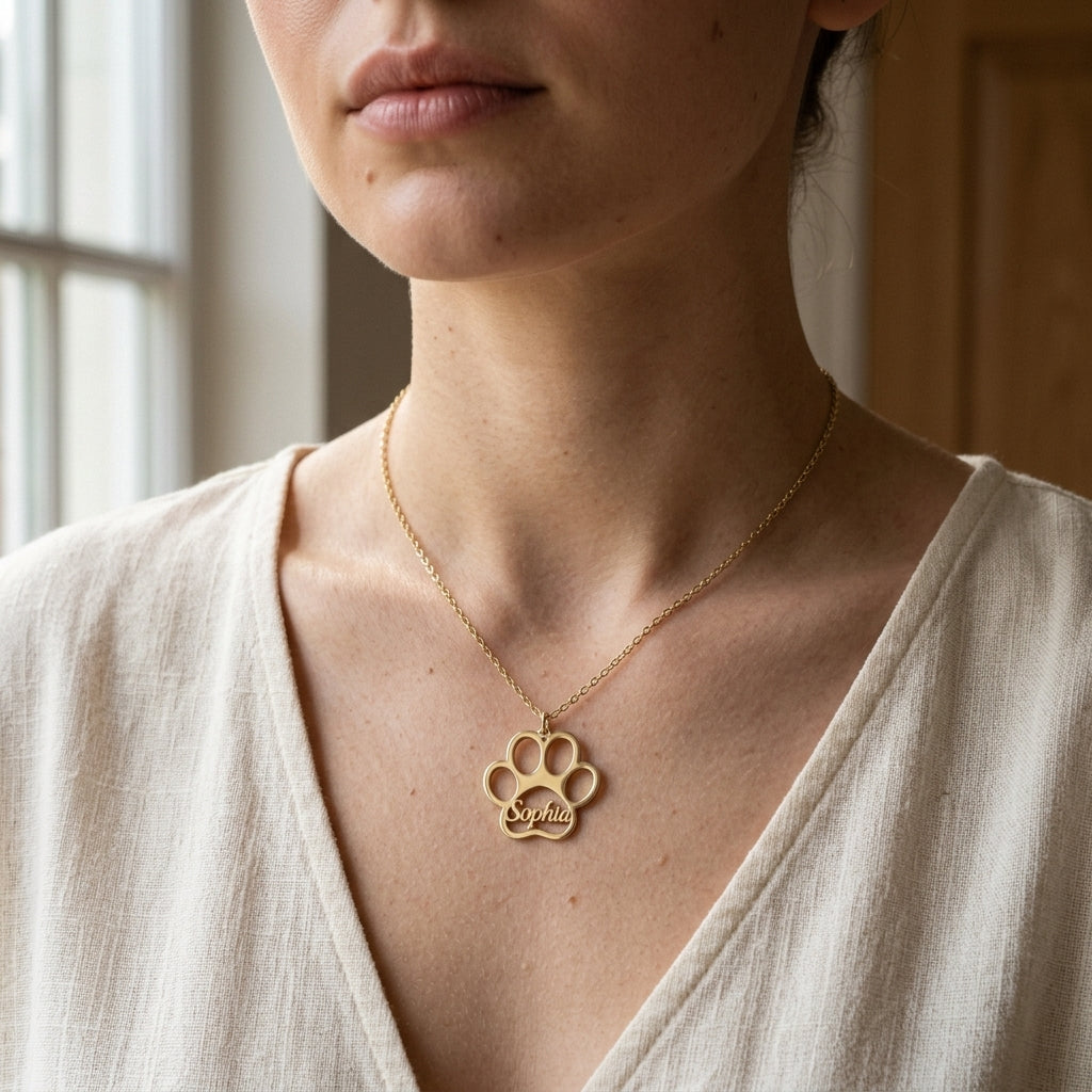 Collier patte d'animal en or rose porté au cou