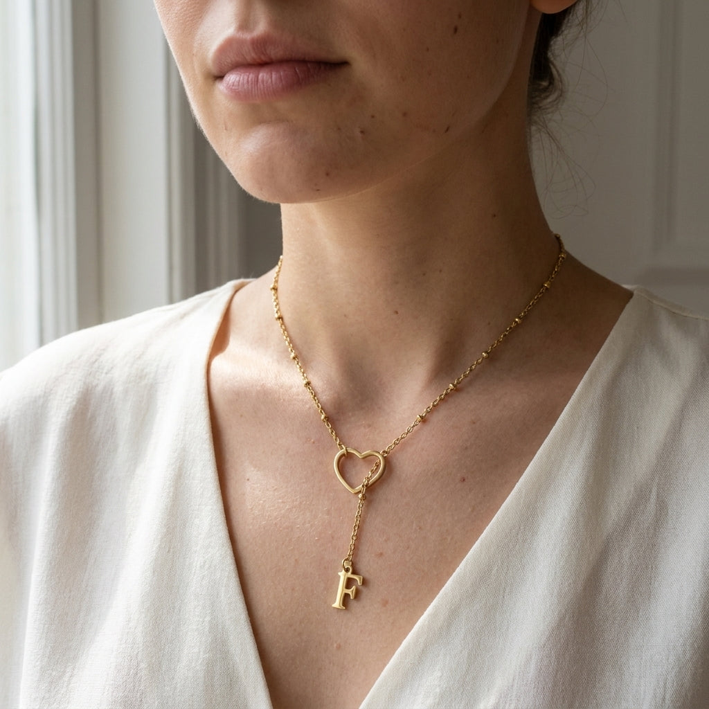 Collier doré à cœur ajouré et initiale porté au cou, vue rapprochée