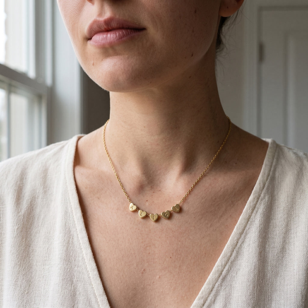 Collier doré à cœurs gravés d'initiales porté au cou