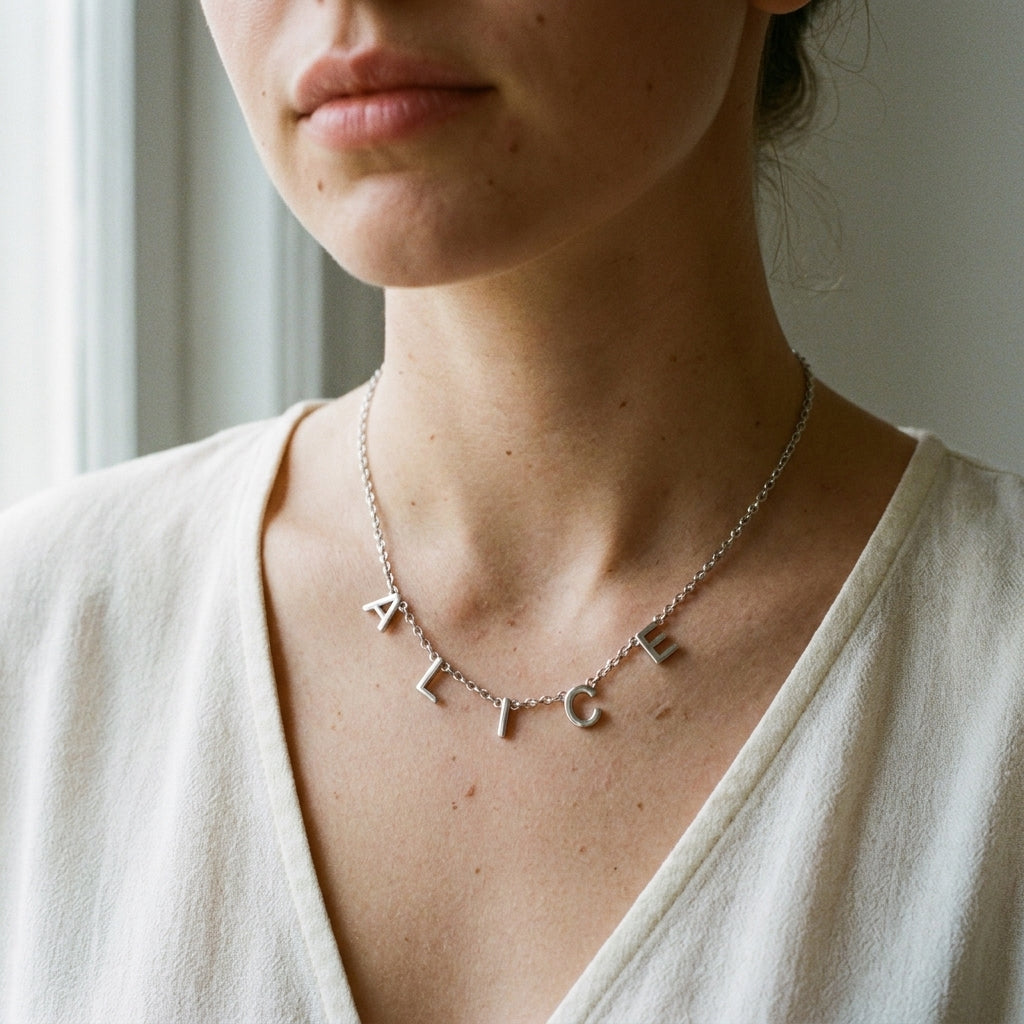 Collier en acier inoxydable à lettres majuscules porté au cou