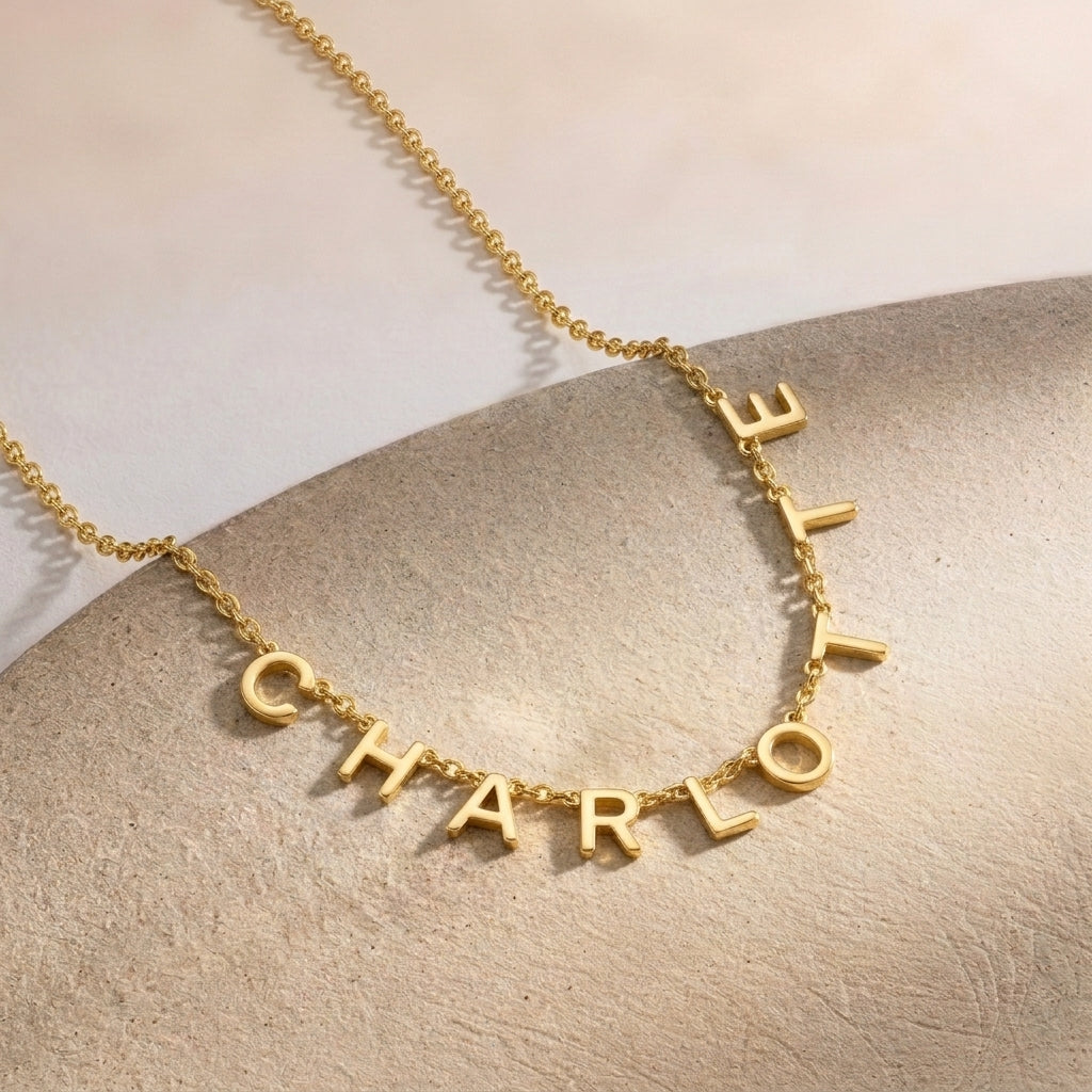 Gros plan sur un collier doré à lettres majuscules formant un prénom