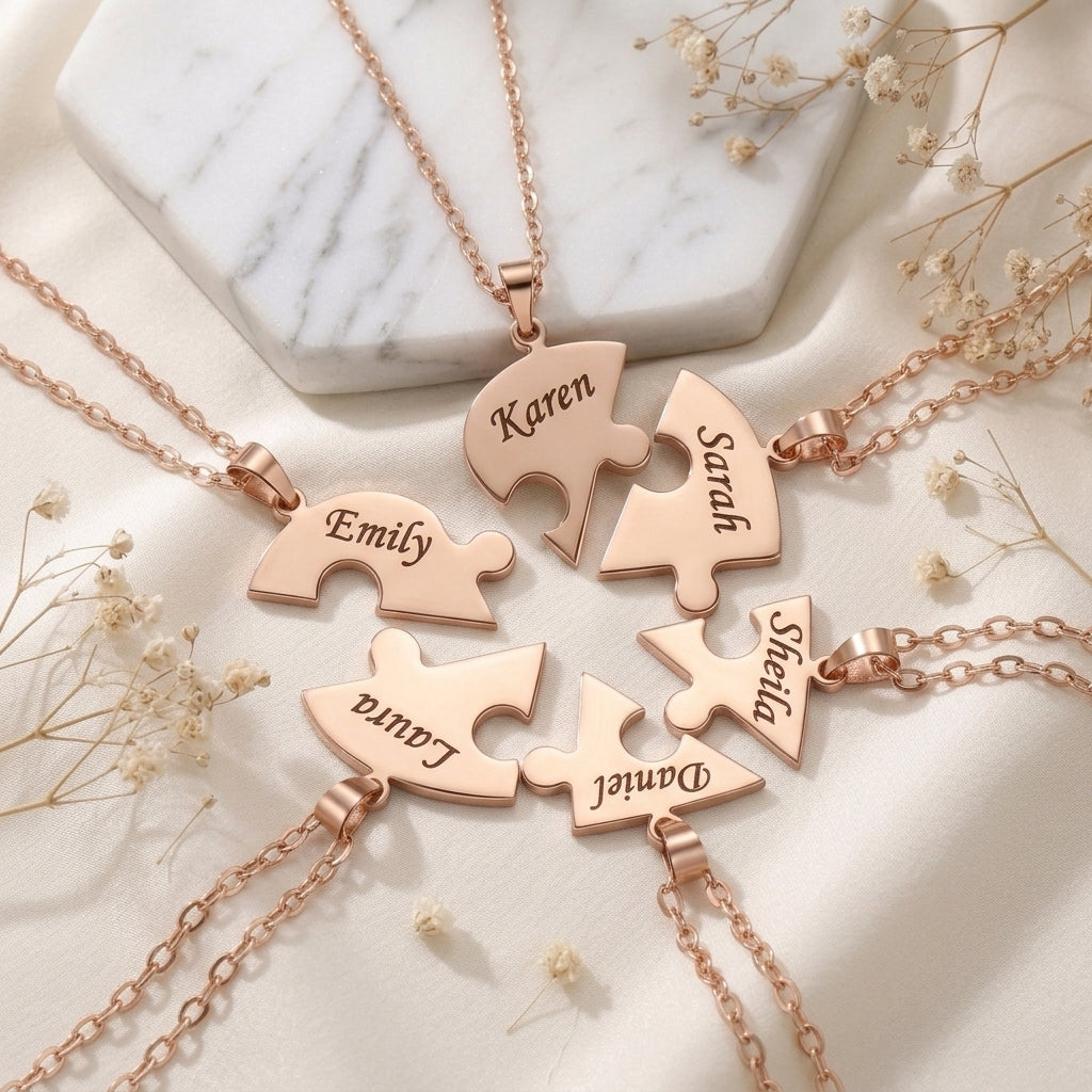 Collier puzzle en or rose, pièces gravées de prénoms posées à plat