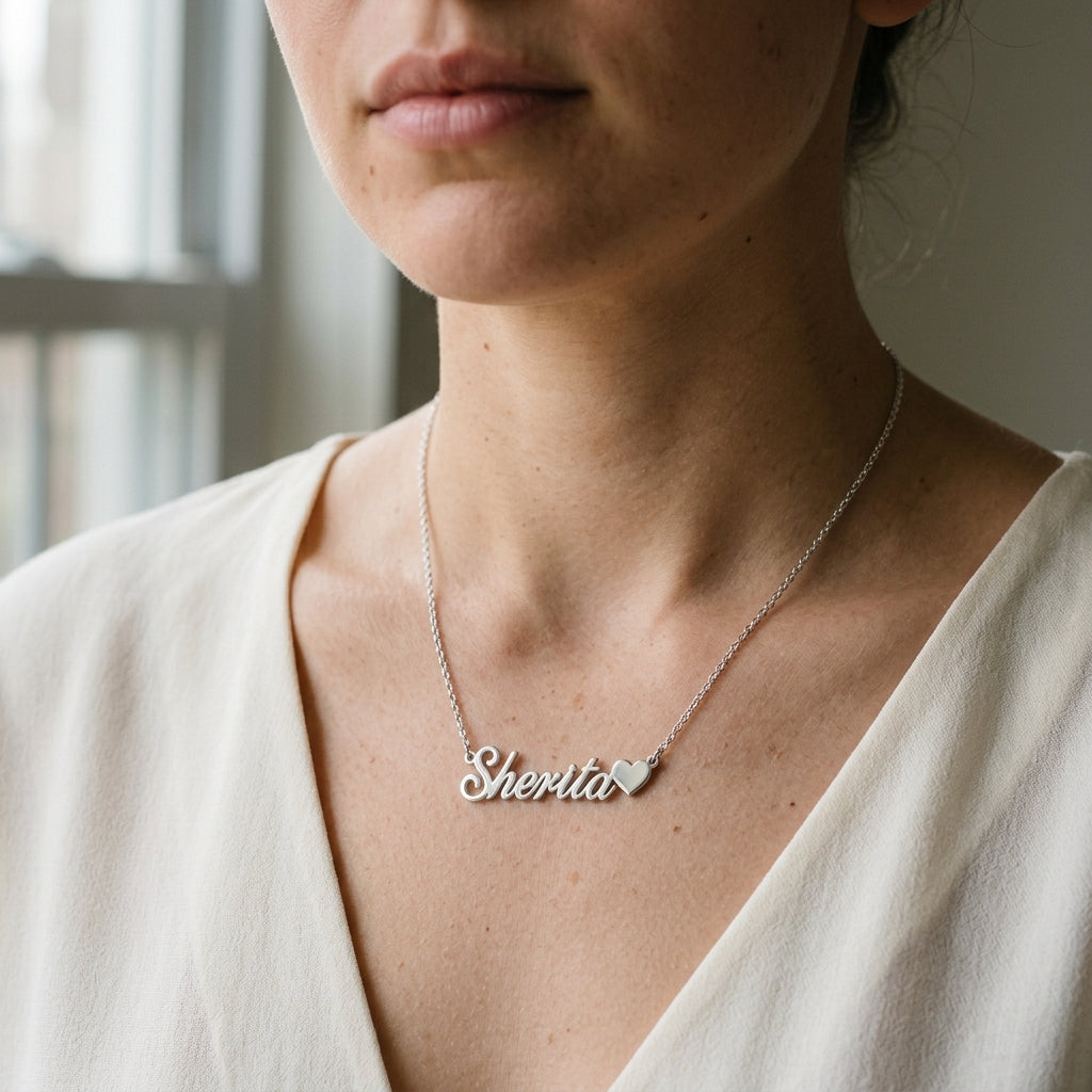 Collier prénom en acier inoxydable terminé par un cœur, porté au cou