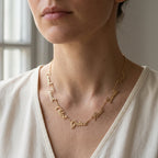 Collier en or rose à plusieurs prénoms porté au cou, vue rapprochée