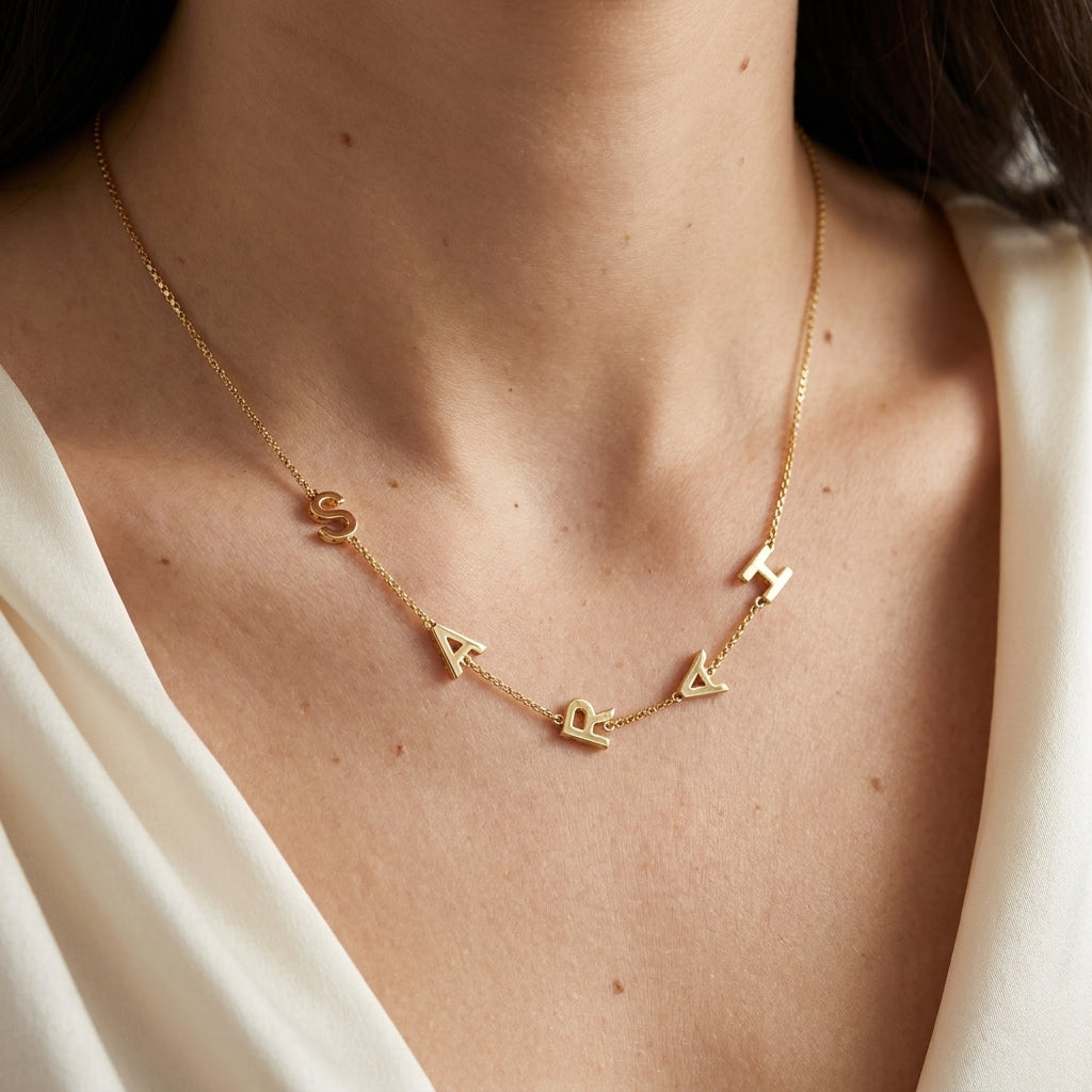 Collier doré aux lettres suspendues porté au cou