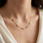 Collier doré aux lettres suspendues porté au cou