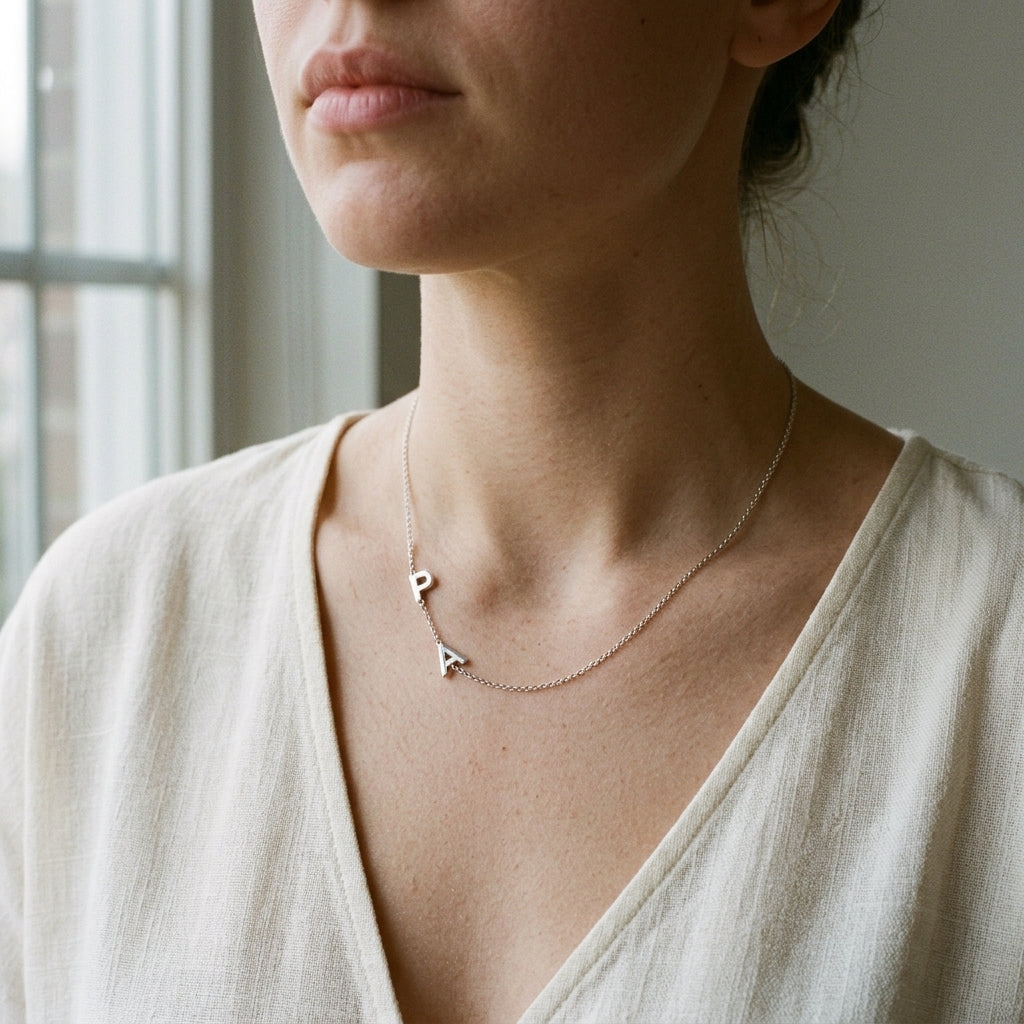Collier en acier inoxydable aux lettres suspendues porté au cou